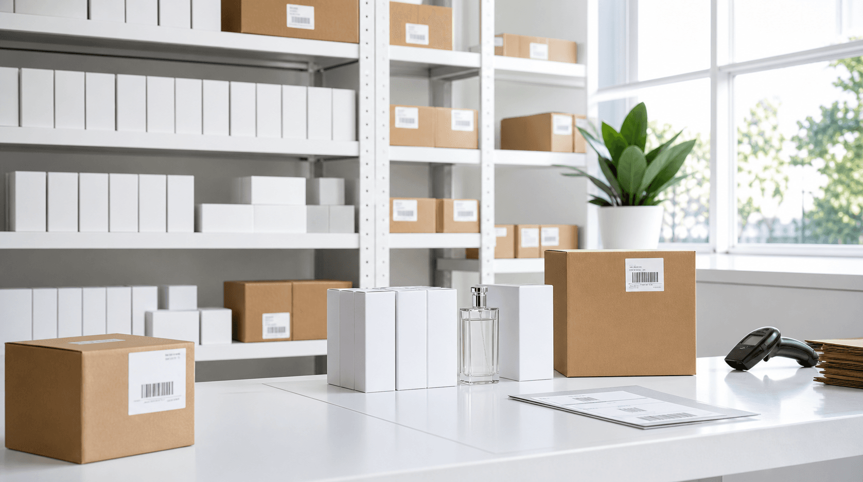 Bright fragrance wholesale showroom with packing materials and unbranded products